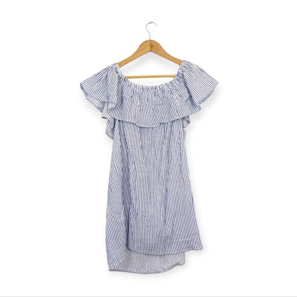 Bishop + Young Blue And White Striped Off-Shoulder Shift Dress Size M - Picture 2 of 8